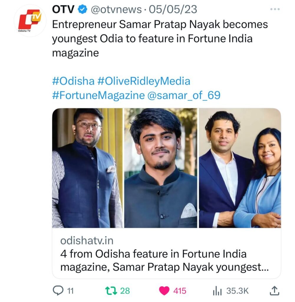 Samar Pratap Nayak Youngest Odia to feature in Fortune India magazine